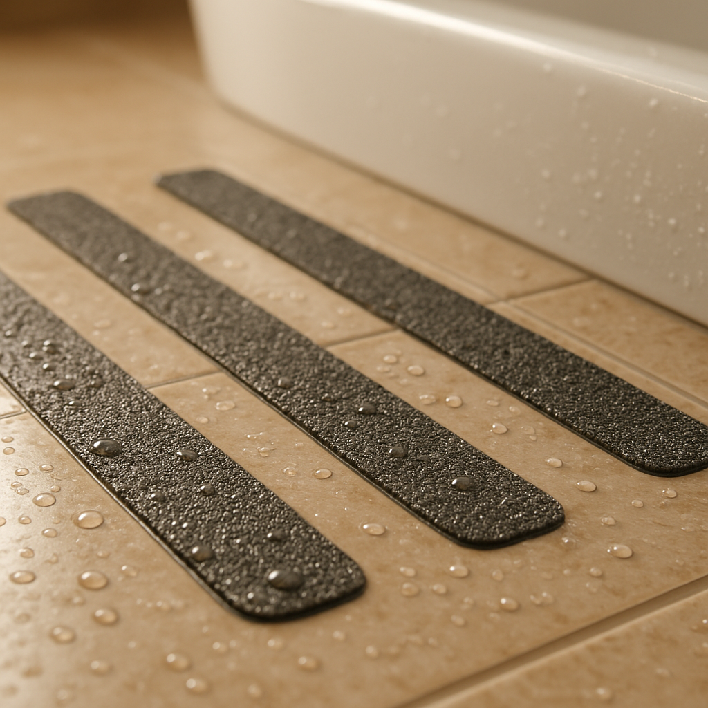 Anti-slip floor strips on a wet bathroom tile floor beside a tub