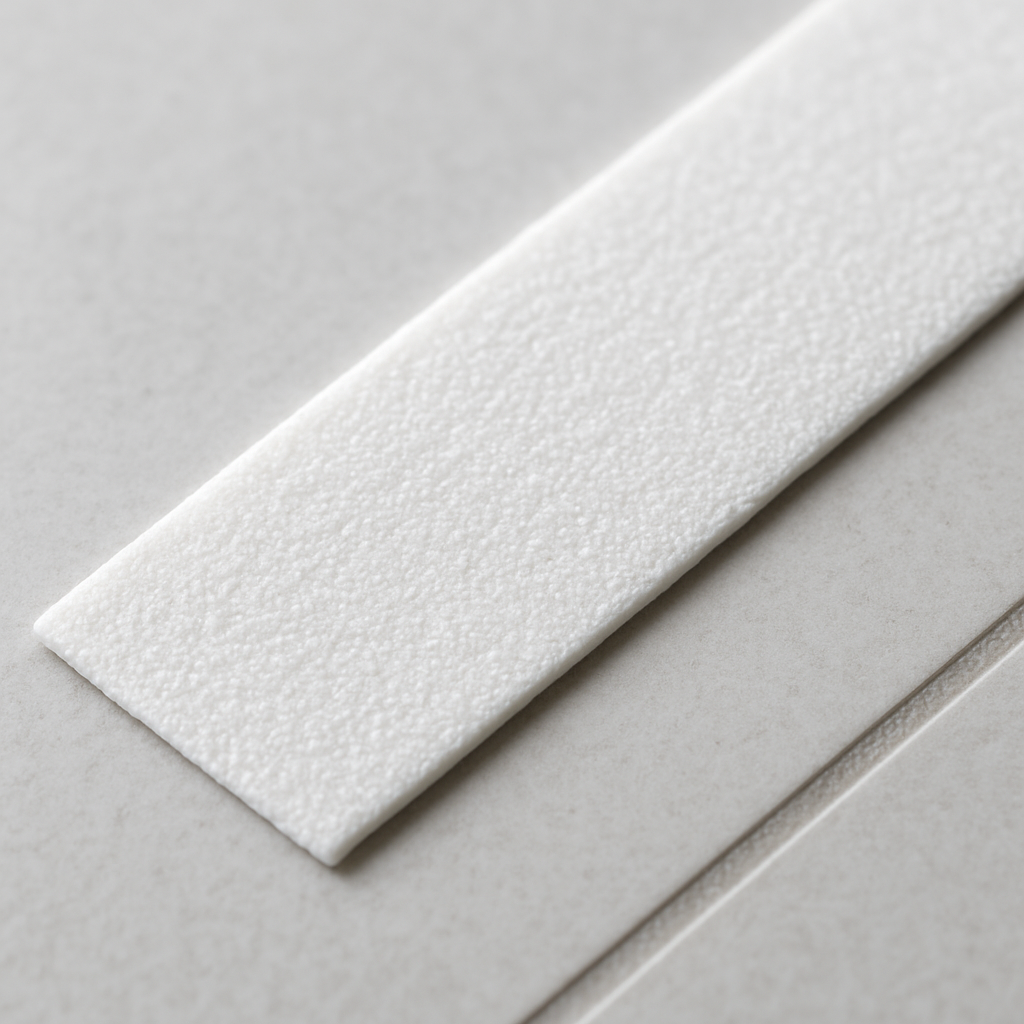 White anti-slip floor strip on pale tile