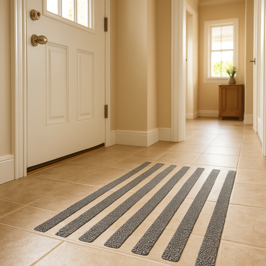 Anti-slip floor strips across a residential entryway threshold