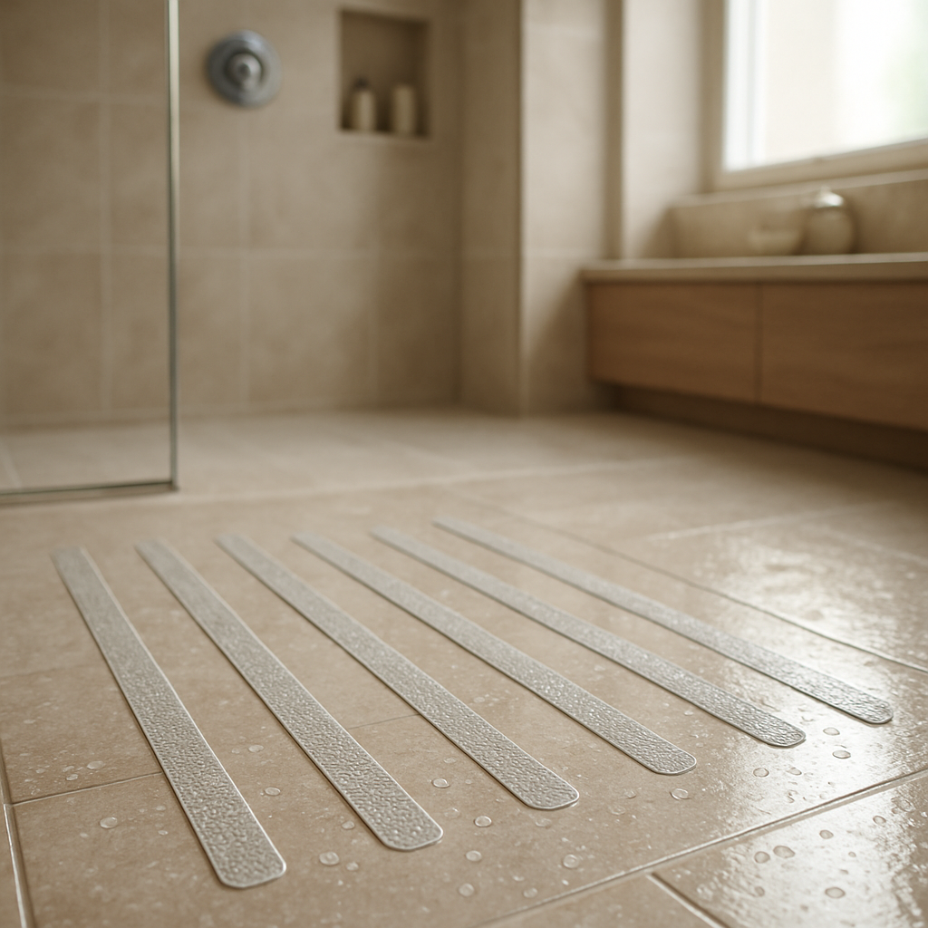 Anti-slip floor strips installed across a modern shower floor
