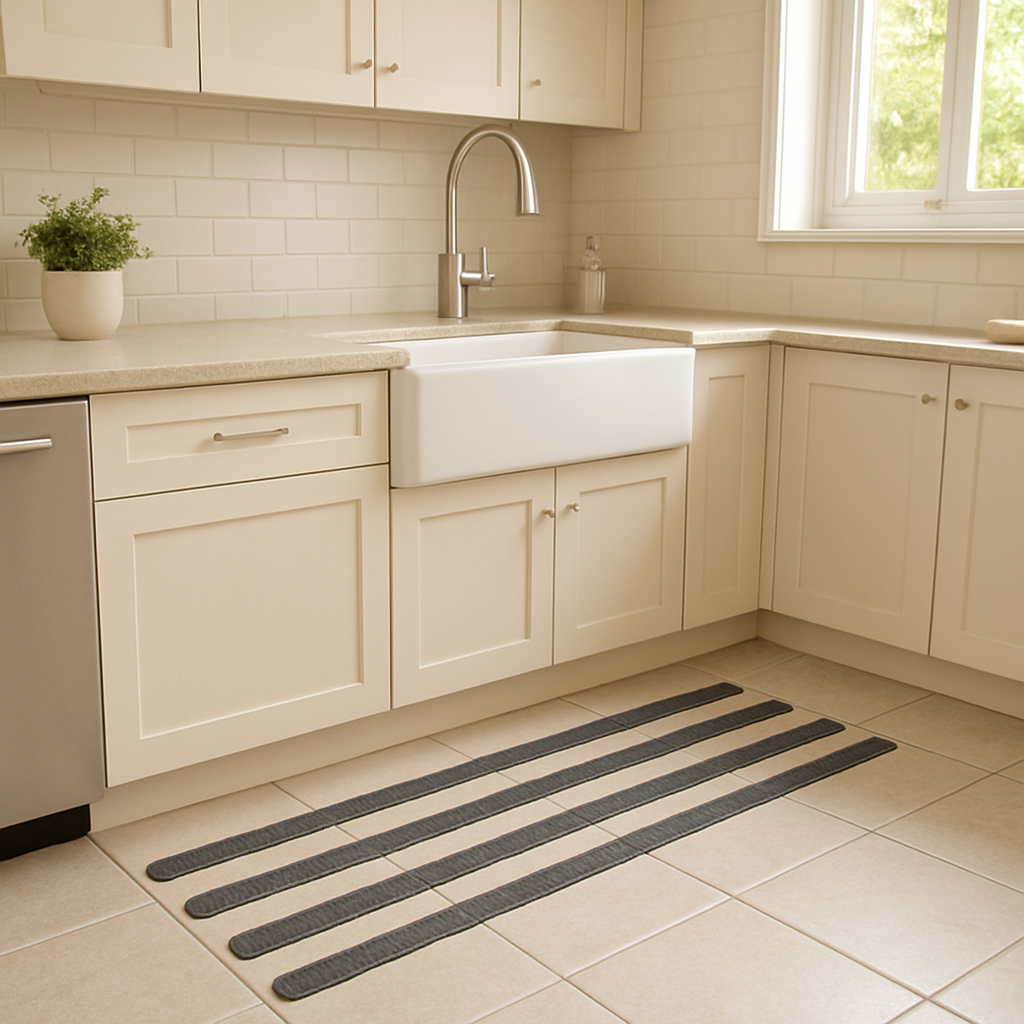 Anti-slip floor strips on a kitchen tile floor in front of the sink