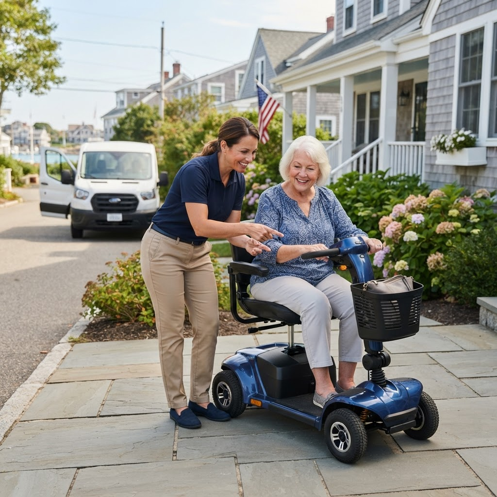 Mobility rental technician showing a customer how to use the scooter controls after delivery