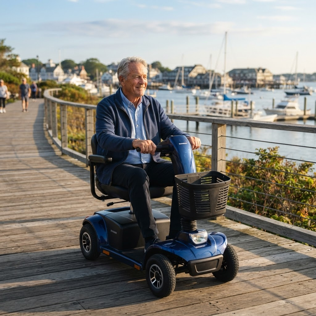Older man confidently riding a blue mobility scooter along a Rhode Island coastal boardwalk